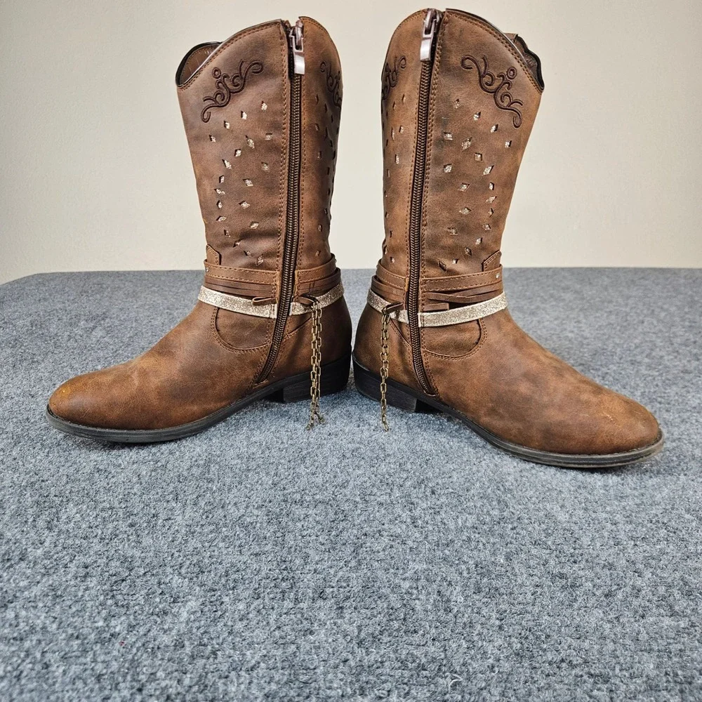 Rodeo Roper Bozeman Kids Brown Western Cowboy Boots Size 4M Glitter Chain Detail